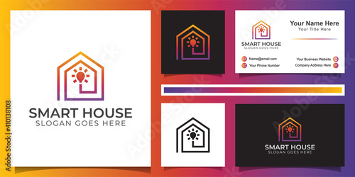 line art logo of smart house and business card with concept house and light bulb