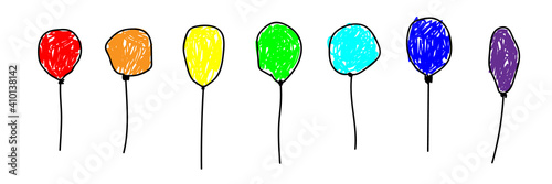 Set of colorful balloons inflatable in a deliberately childish style. Imitation child drawing. Kid sketch, painting felt-tip pen or marker. Kid painted handmade by birthday. Vector illustration