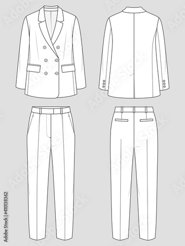 Womens vector oversized suit. Fashion sketch. Flat technical drawing.