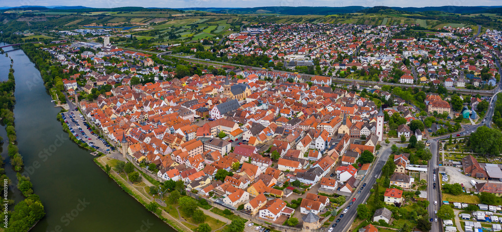 Aerial view of the old town of the city Karlstadt am Main in Germany on a sunny day in spring.	