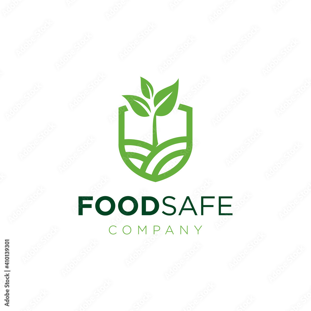 Food Safety consulting company logo design vector. Badge natural food symbol template . Organic leaf and shield sign Food Safety consulting company logo design vector. Badge natural food symbol template . Organic leaf and shield sign