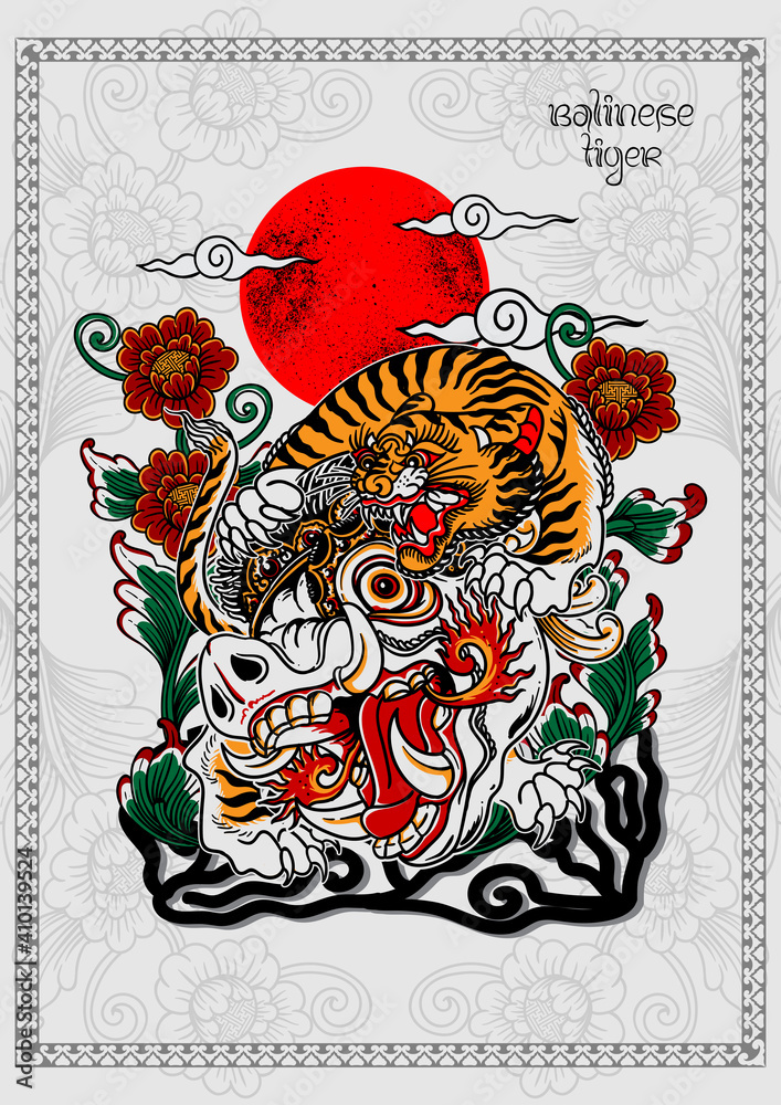 balinese tiger traditional tattoo poster Stock Vector | Adobe Stock