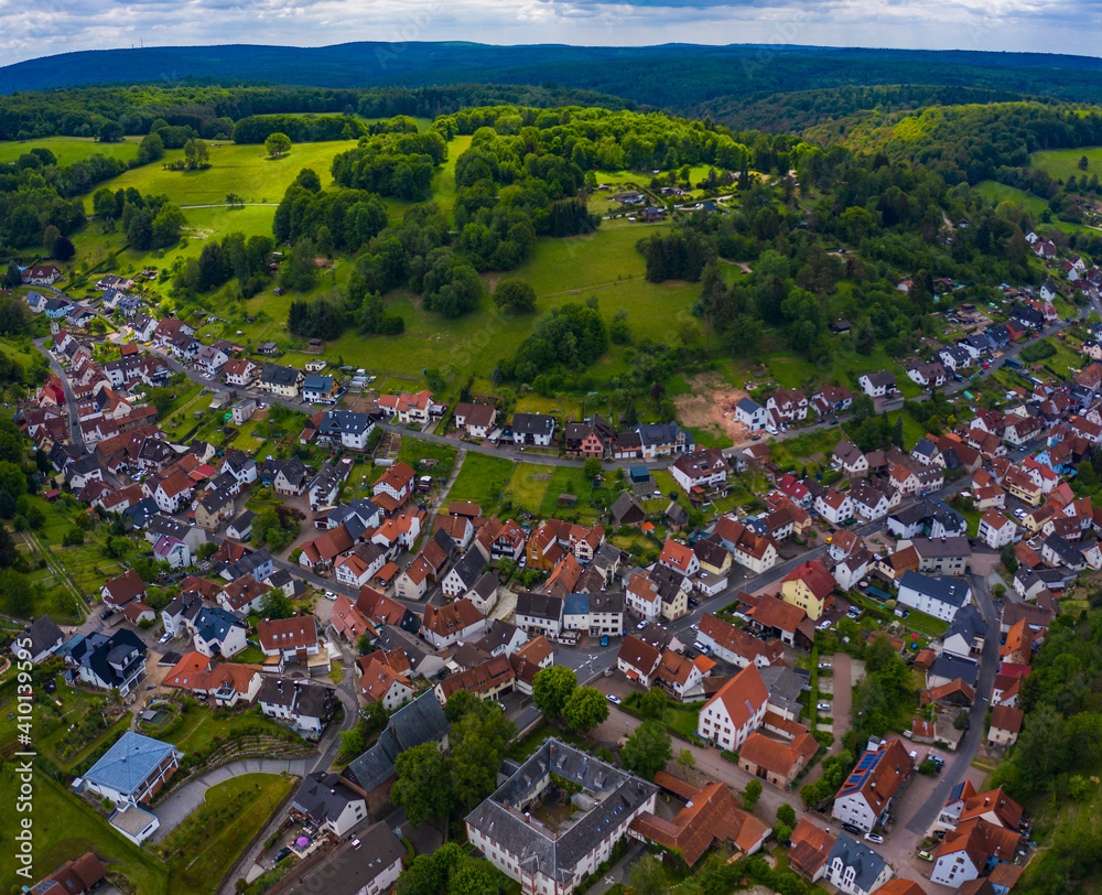 Aerial view of the village Rothenbuch in Germany on sunny day in spring.	