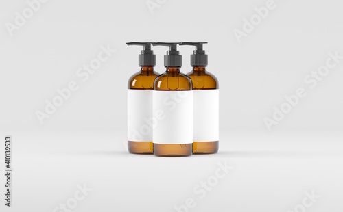 Amber Glass Bottle- Cosmetic - Soap Dispenser- Pump - Mockup 3D illustration