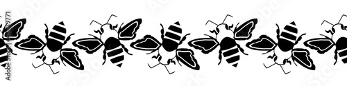 Honey bee vector seamless border. Black silhouette stencil style hand drawn flying insect on white backdrop. Garden winged bug banner. For edging, trim, ribbon. Garden or conservation concept.