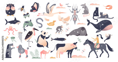 Animals set with various wildlife mammal species group tiny person concept