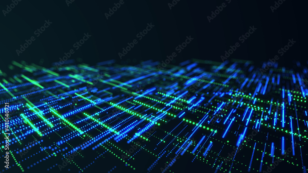 Digital technology background. Directed stream of luminous particles. Big data visualization. 3d rendering.