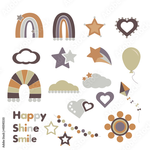 Vector set of adorable rainbow clipart in trendy Scandinavian style. Funny, cute hygge illustrations for poster, textile, decoration kids playroom or greeting card. Hand drawn prints and doodles. 