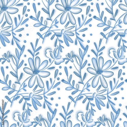 Seamless pattern with delicate blue flowers on a white backgroun