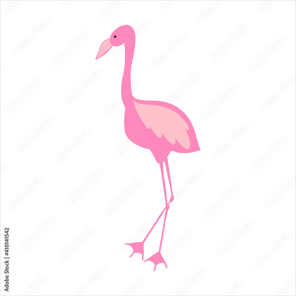 Pink flamingo doodle vector. Hand drawn stock illustration. Isolated on white background. Cartoon children's theme