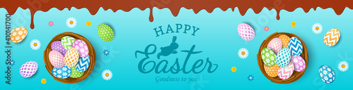 happy easter card with easter bunny and egg set with ornament and chocolate icing