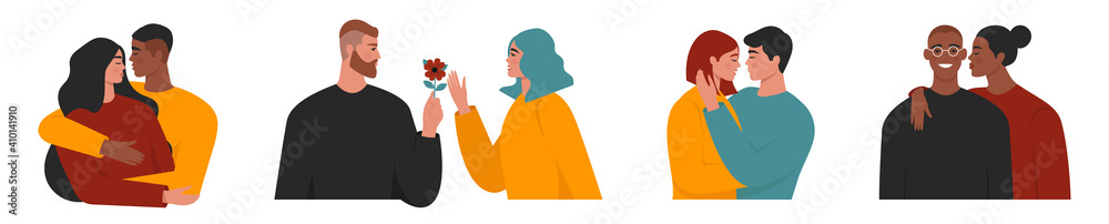 Couples in love collection. Isolated illustrations of young people having a romantic relationship. Cute young male and female characters. Romance concept. Flat vector set for Valentine’s day Couples in love collection. Isolated illustrations of young people having a romantic relationship. Cute young male and female characters. Romance concept. Flat vector set for Valentine’s day