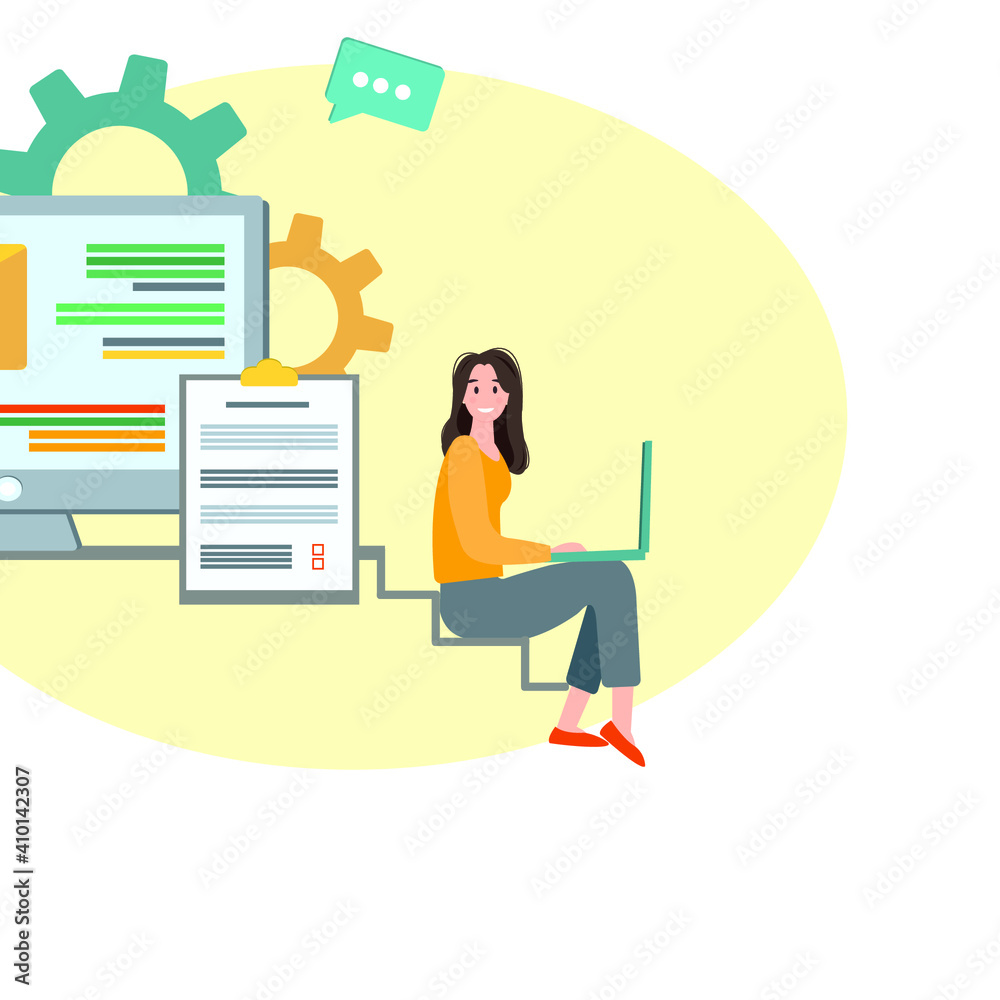 Girl sitting at the laptop and working on the computer. Freelance, work at home. Deadline. Studying at the university. Student. Software development. Vector illustration for web, flat style Girl sitting at the laptop and working on the computer. Freelance, work at home. Deadline. Studying at the university. Student. Software development. Vector illustration for web, flat style