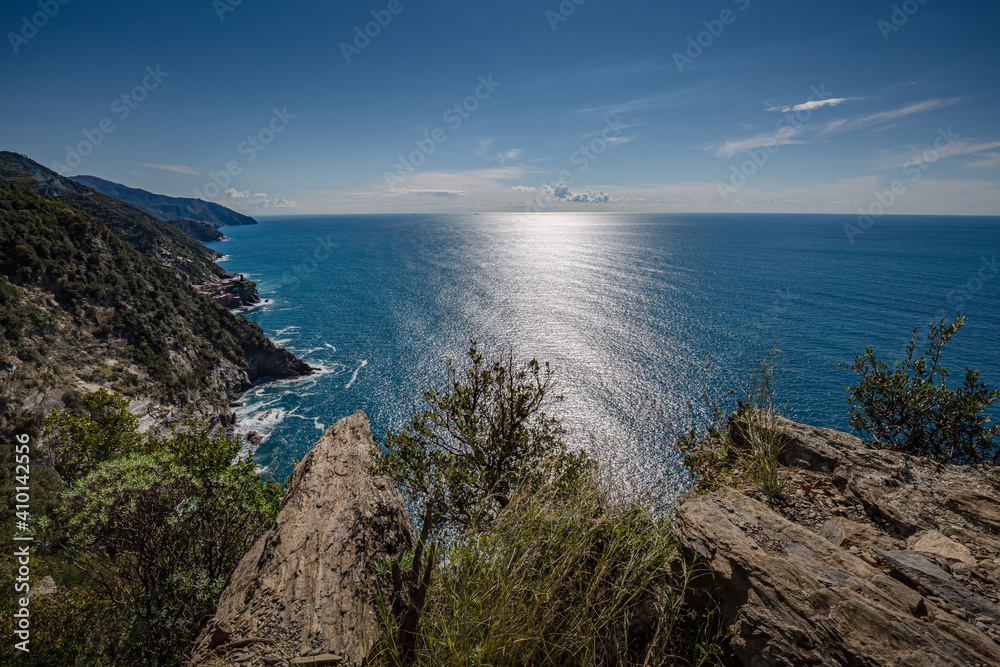 Beautiful seascape . View from the way to Vernazza village in Cinque Terre on the Italian Riviera
