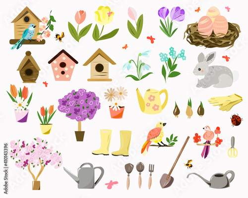 Spring set with with birds and flowers and gardening