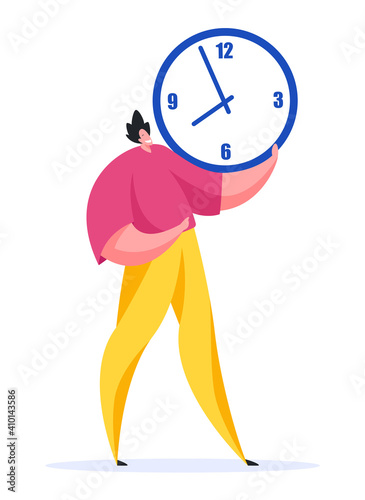 Positive man with round clock. Flat vector illustration