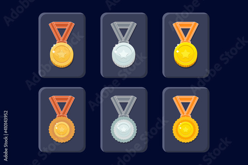 Bronze, silver and gold medals. Trophy icon set with ribbon.
