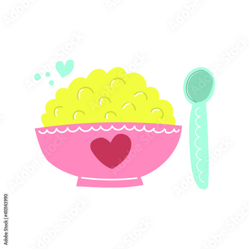 Hand drawn bowl of oatmeal and spoon. Healthy breakfast concept.