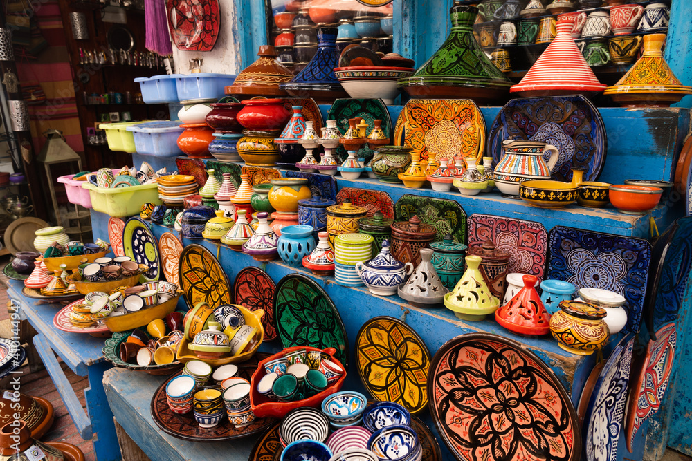 Plates, Bowls, Cups and Tajine Pots in Moroccan Style and Countless Colours, Essaouira, Morocco.