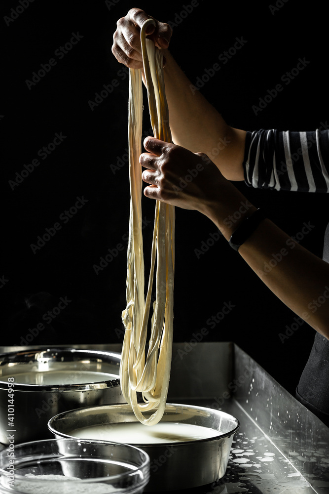 Cheesemaker showing the proceeding to make cheese from the bio milk ...