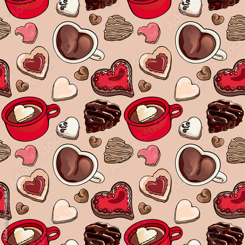 Assorted Valentine's day cookies heart shape and coffee vector pattern. Images of chocolate and glazed sweet cafe bakery, pastry. Food illustration for gift wrapping, fashion textile print, wallpaper.