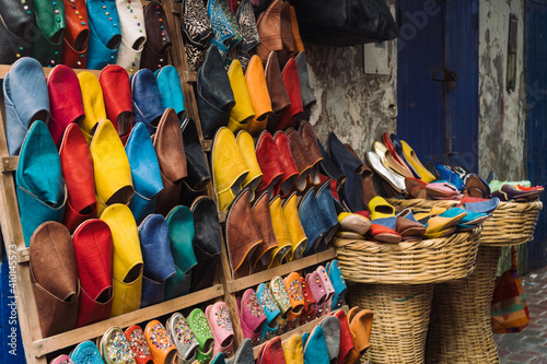 Colourful Handmade Moroccan Leather Shoes On Display For Sale, Essaouira, Morocco. 