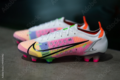 Bangkok, Thailand - February 2021 : Nike football lauch the new Mercurial  Vapor 14, most famous football boots that designed for agility player.  It's presented and wearied by Cristiano Ronaldo. Stock Photo