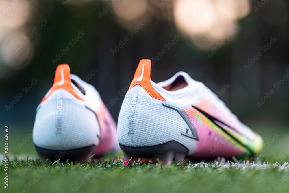 Bangkok, Thailand - February 2021 : Nike football lauch the new "Mercurial  Vapor 14", most famous football boots that designed for agility player.  It's presented and wearied by Cristiano Ronaldo. Photos | Adobe Stock