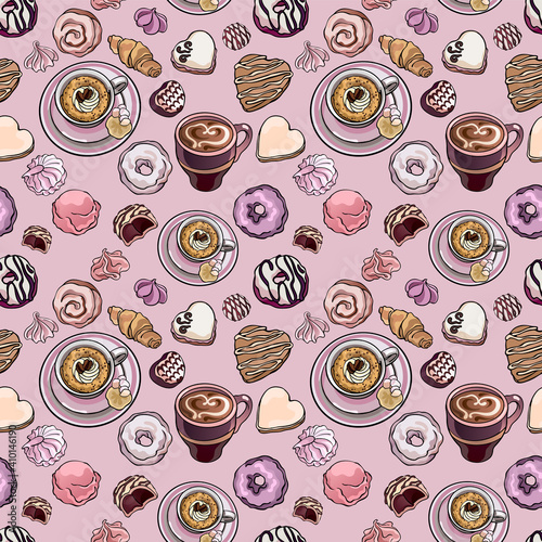 Cafe breakfast seamless vector pattern. Images of coffee, pastry, cupcake, cookies, donut, merenghi in beige, rose and lilac colors. Illusrarion for gift wrapping, fashion textile print.