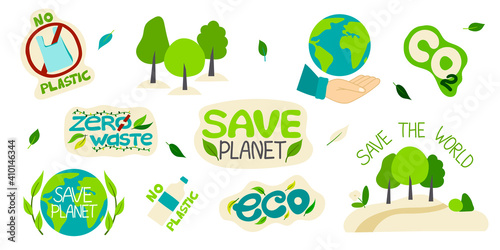 Collection of environmental illustrations with slogans-zero waste, waste recycling, ecology, save the planet, save the world. Set of decorative design elements on a Flat style, vector illustration.