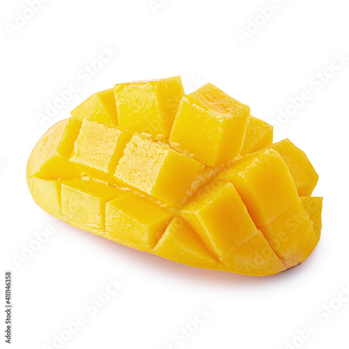 Mango cubes and slices Isolated on white background