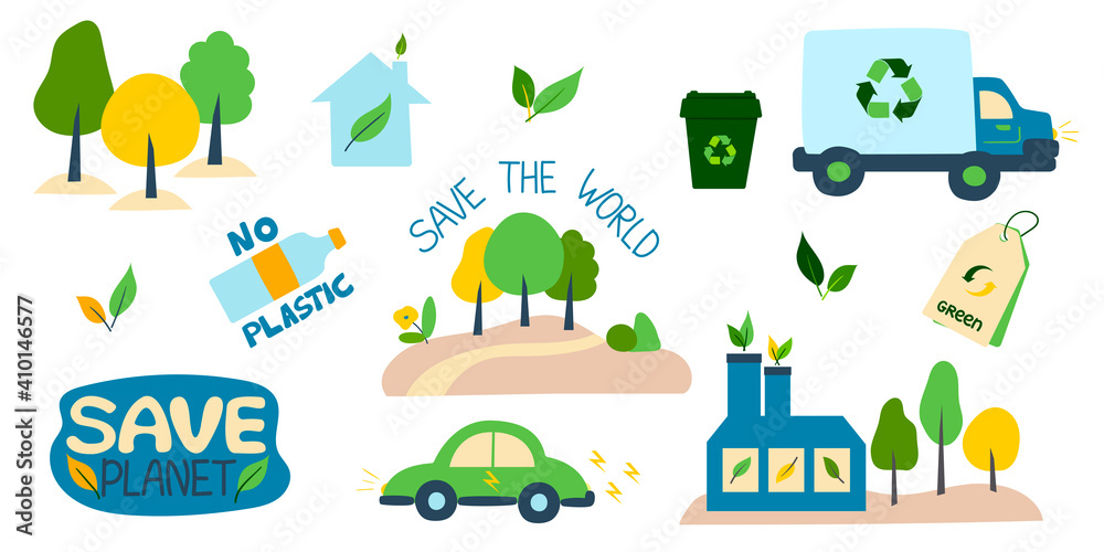 Fototapeta premium Collection of environmental illustrations with slogans-zero waste, waste recycling, ecology, save the planet, save the world. Set of decorative design elements on a Flat style, vector illustration.