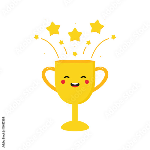 Cute cartoon style golden trophy cup character with stars smiling and celebrating success. Vector illustration  icon.