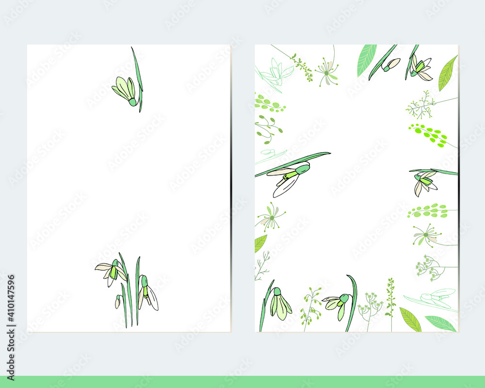 Greeting cards with floral elements and decoration. Decor with snowdrops