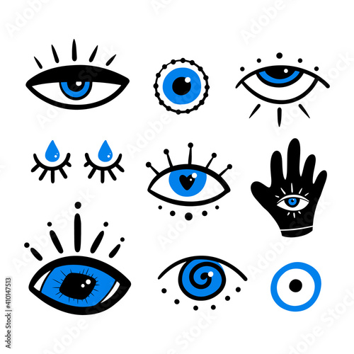 Set, collection of various mystical decorative eyes, evil eyes symbols. Intuition and spirituality concept.