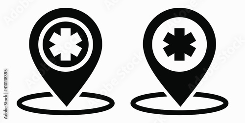 Hospital location icon. Pharmacy location. Location of the medical facility. Doctor's coordinates. Vector icon.