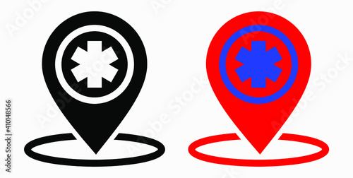 Hospital location icon. Pharmacy location. Location of the medical facility. Doctor's coordinates. Vector icon.