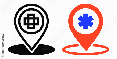 Hospital location icon. Pharmacy location. Location of the medical facility. Doctor's coordinates. Vector icon.