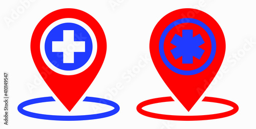 Hospital location icon. Pharmacy location. Location of the medical facility. Doctor's coordinates. Vector icon.