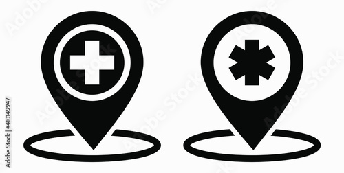 Hospital location icon. Pharmacy location. Location of the medical facility. Doctor's coordinates. Vector icon.