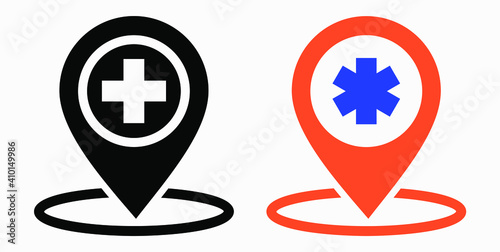 Hospital location icon. Pharmacy location. Location of the medical facility. Doctor's coordinates. Vector icon.