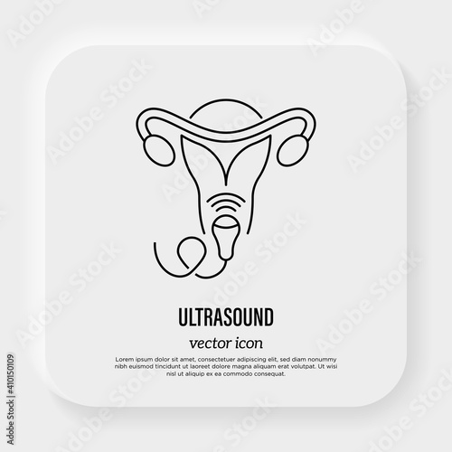 Gynecology ultrasound. Medical examination, obstetrics. Uterus and ovaries. Thin line icon. Vector illustration.