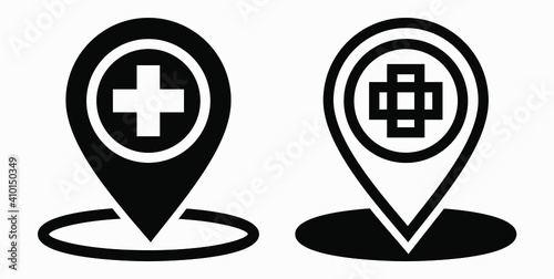Hospital location icon. Pharmacy location. Location of the medical facility. Doctor's coordinates. Vector icon.