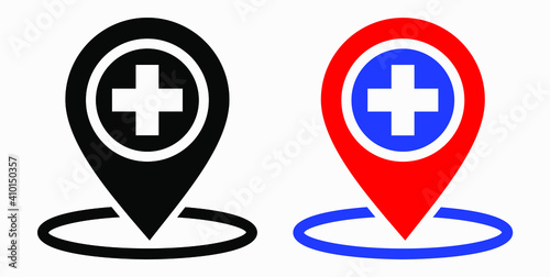Hospital location icon. Pharmacy location. Location of the medical facility. Doctor's coordinates. Vector icon.