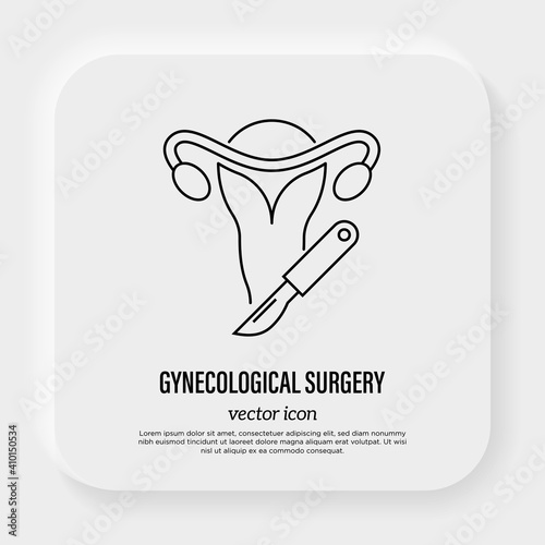 Gynecological surgery, problem with reproductive system. Thin line icon. Gynecology. Uterine, ovaries and scalpel. Vector illustration.