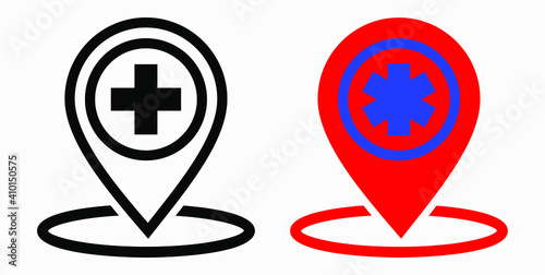 Hospital location icon. Pharmacy location. Location of the medical facility. Doctor's coordinates. Vector icon.