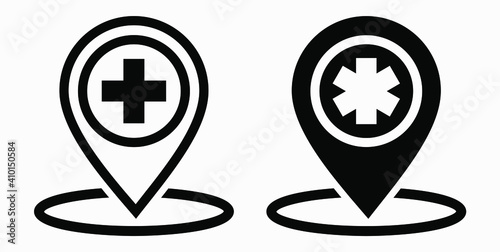 Hospital location icon. Pharmacy location. Location of the medical facility. Doctor's coordinates. Vector icon.