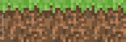 Pixel minecraft style land background. Concept of game ground pixelated horizontal seamless background. Vector illustration
