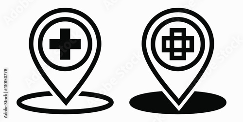 Hospital location icon. Pharmacy location. Location of the medical facility. Doctor's coordinates. Vector icon.
