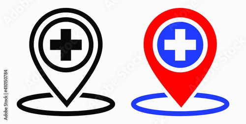Hospital location icon. Pharmacy location. Location of the medical facility. Doctor's coordinates. Vector icon.